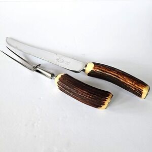 Vtg 2 Pc Meat Carving Set Knife Fork Stag Horn Handle Antler Rustic Hunting 1921